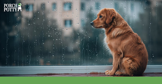 A copper Golden Retriever sits and looks out of a rainy window