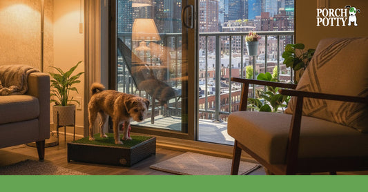 Small brown terrier standing on a Porch Potty in a flat overlooking the city through glass doors.
