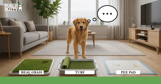 Dog standing indoors comparing real grass, artificial turf, and pee pad toilet options arranged side by side in a modern living room.