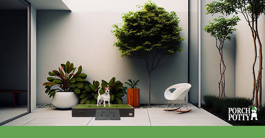 A dog stands on a Porch Potty in the middle of a modern living room
