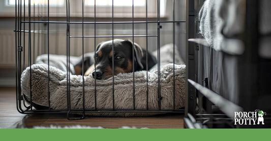 Dog resting comfortably in a crate with a soft bed inside, reinforcing the importance of a cozy and safe sleeping environment.