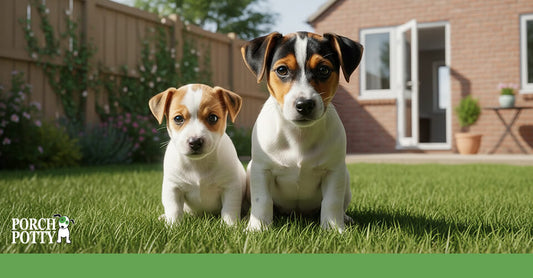 Two young puppies sitting on grass in a garden, facing forward.
