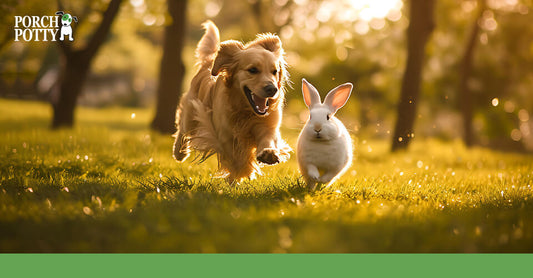 A Golden Retriever pup runs through a field beside a white bunny