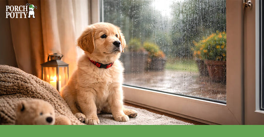 Golden retriever puppy sitting by a rainy window in a flat, illustrating indoor dog potty training for UK dog owners