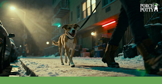 Dog walking on a lead along a city street at night outside apartment buildings.